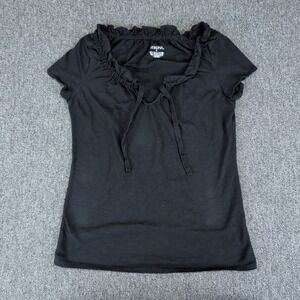 Merona Womens Top M Black 100% Cotton Ruffle Neck Tie Short Sleeve Boho Casual